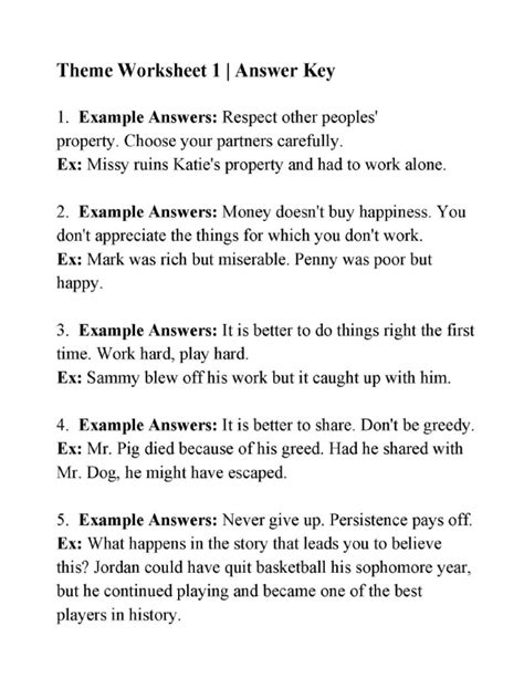 Image result for Identifying Theme Worksheet Answer Key