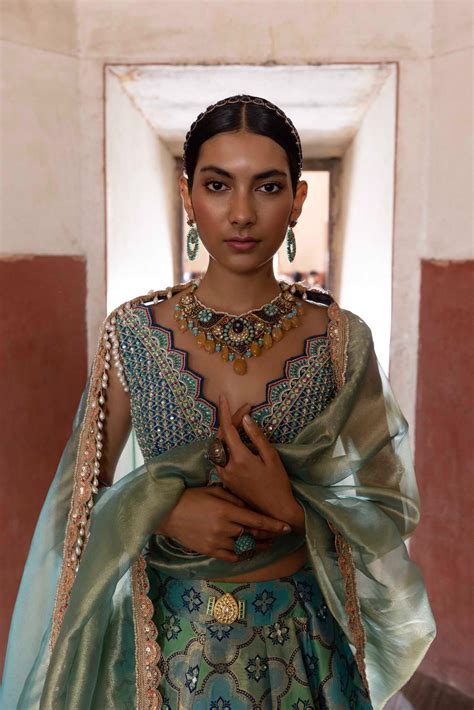 Women's Green Woven Banarsi Jharoka Lehenga | Aditi Gupta