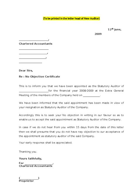 No Objection Certificate for Statutory Auditor Appointment - Studocu
