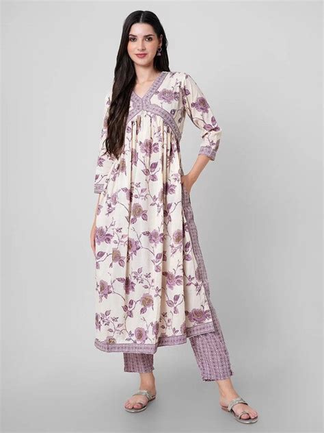 Women's Lavender Cotton Floral Printed Kurta Set With Dupatta – Trendia