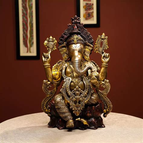 Buy Handcrafted Brass Ganesha Statue – Lotus Base – Ethnic India ...