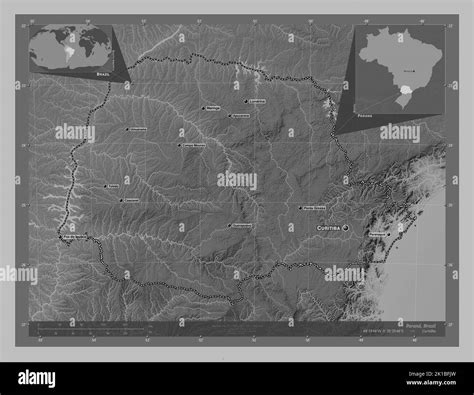 Parana, state of Brazil. Grayscale elevation map with lakes and rivers. Locations and names of ...