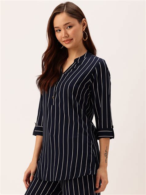Blue Striped Mandarin Collar Tunic – Amukti - The Women's Ethnic ...