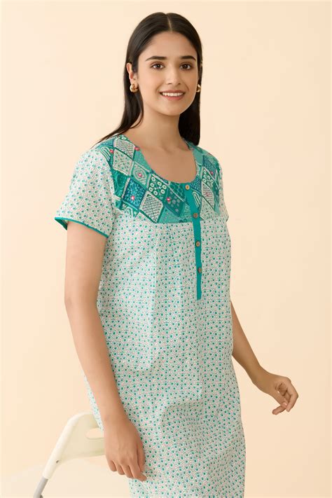 Turquoise Floral Cotton Nightwear with Patchwork Yoke – Maybell Womens ...