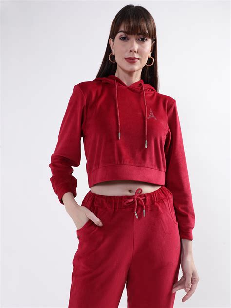 Shop Elle Women Maroon Solid Hooded Sweatshirt Online – Iconic India