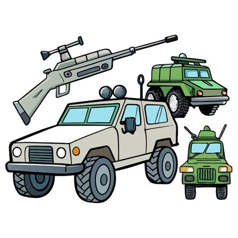 Military vehicles and firearms vector illustrations isolated on a white ...