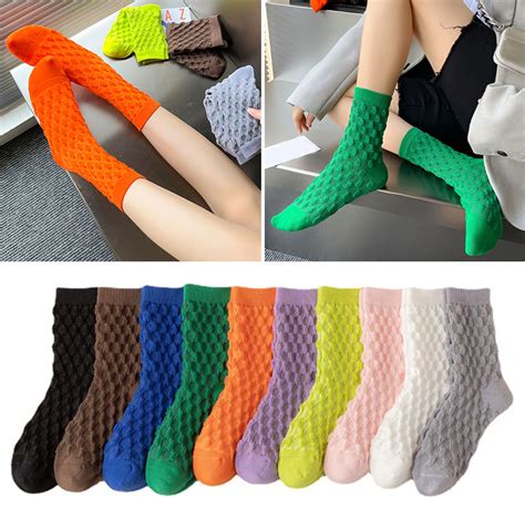 Deago Women's Cotton Crew Socks, Solid Colors, Breathable, Textured ...