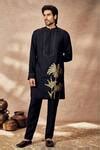 Buy Black Tussar, Silk Embroidery Palm Bloom Print Kurta And Pant Set ...
