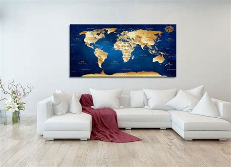 Buy Wall Art Blue map of The World Painting Ready to Hang -30 x 60 ...