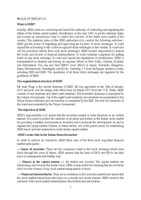CG- UNI 4 & 5 - SEBI's Role in Corporate Governance Summary - Studocu