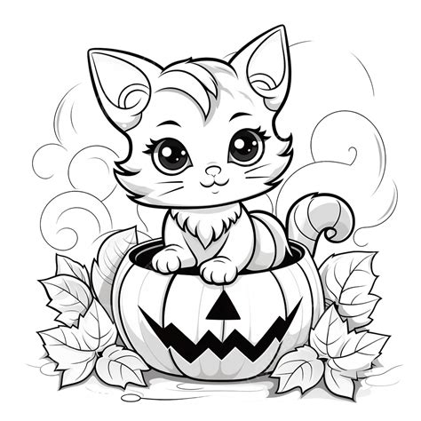 Halloween Coloring Page With Cute Black Cat In Pumpkin, When 13403580 ...