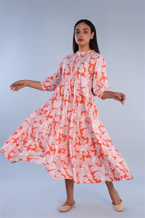 Coral pink Sanganeri block printed pure cotton Western long kurta ...