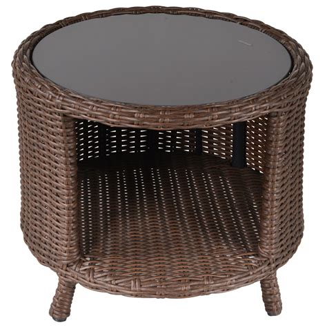 Tavolino Da Giardino Rotondo In Rattan Sintetico E Vetro - Stile Boho Chic, 50x50 Cm, Beige