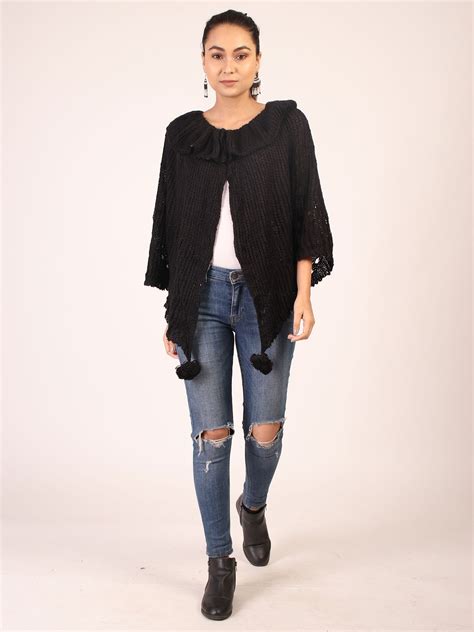 Cape Shrug With Pom Pom Black