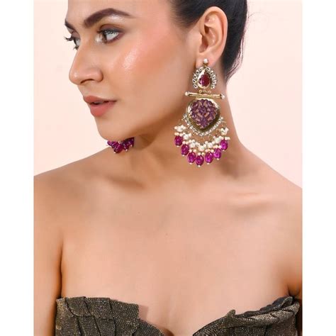 Buy VOJ Gold Plated Purple Color Drop And Dangle Statement Earrings Online