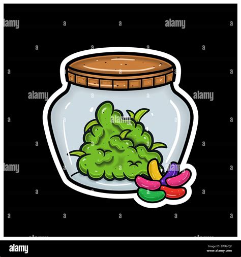 Jelly Bean Flavor With Cartoon Mascot of Weed Bud On Jar. For Sticker ...