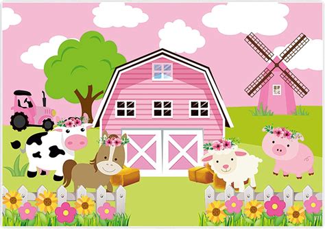 Buy Allenjoy Cartoon Farm Animals Backdrop Pink Barn Girls Kids ...