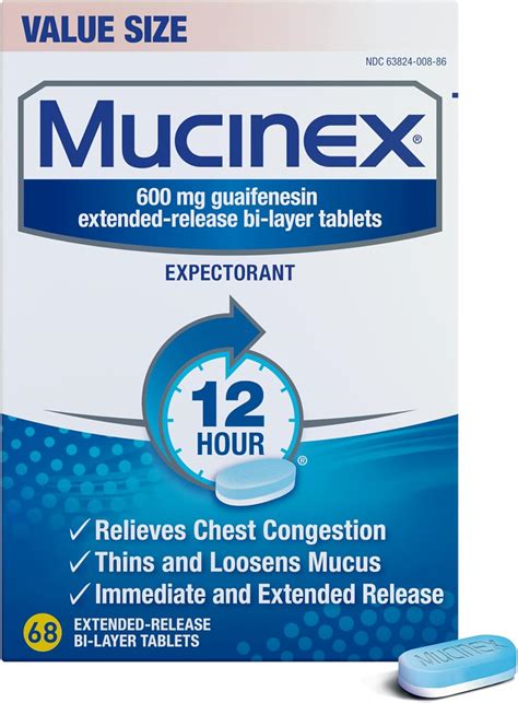 Mucinex – Tabletas de liberación prolongada de 12 horas 68 unidades 600 mg de guaifenesina ...