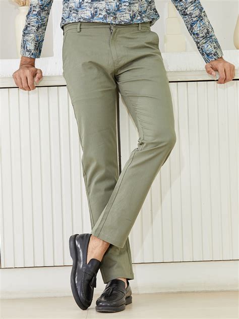 Buy MR BUTTON Green Cotton Slim Fit Trousers For Men Online In India