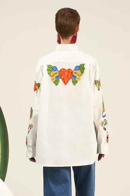 Buy Ivory Cotton Sequins, Beads Collared Sun Motif Embellished Shirt ...