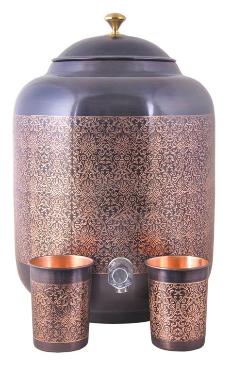 Pure Copper Water Dispenser Pot Matka Antique Eching with 2 Copper Gla ...