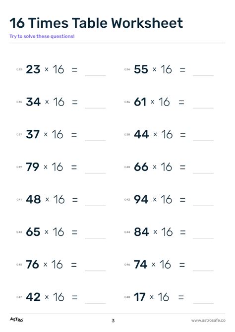 16 Times Table Lessons, Printable Worksheets & Charts | AstroSafe