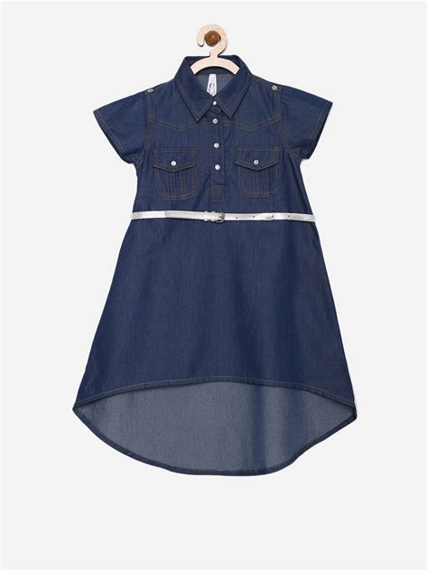 Girls Dark Blue Denim Hi Lo Dress with Belt – Stylestone