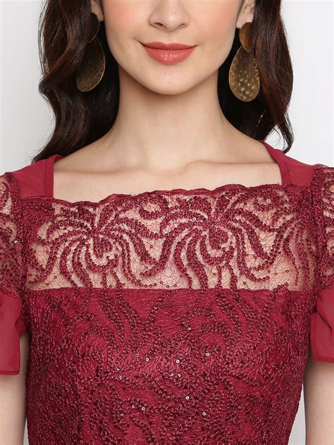 Maroon Cap Sleeve Maxi Dress With Laces