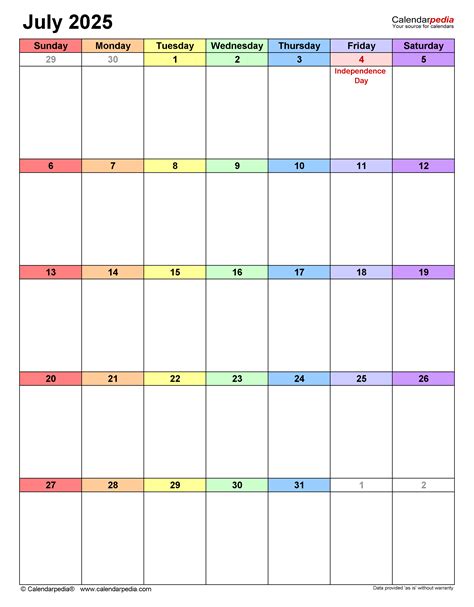 July 2025 Calendar | Templates for PDF, Excel and Word