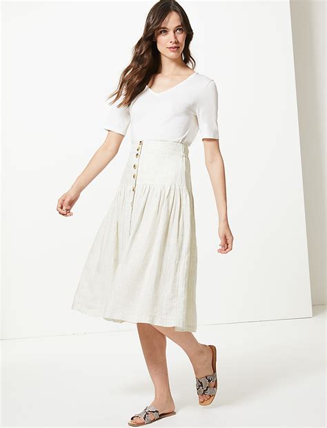 Buy Pure Linen Checked A-Line Midi Skirt at Marks & Spencer