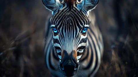 A Dramatic Close-up of a Zebra with Piercing Blue Eyes and Sharp ...