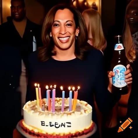 Kamala Harris smiling while holding a beer bottle and a birthday cake ...