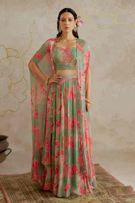 Buy Green Georgette, Linen Pearls, Sequins Floral Print Lehenga Set ...