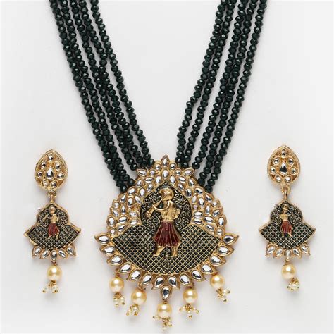 Buy Moedbuille Green Meenakari Work Kundan & Pearls Tassel Temple ...