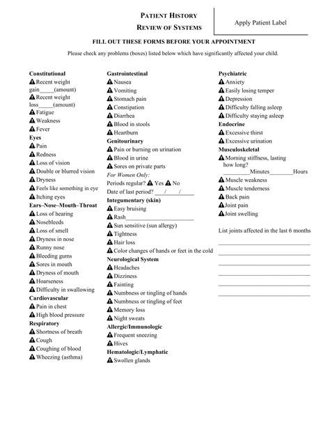 Free Printable Review Of Systems Templates [PDF, Word]