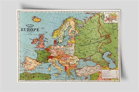 Map of Europe Poster, Bacon's Standard Map of Europe (1830–1922), High Resolution Vintage Map ...