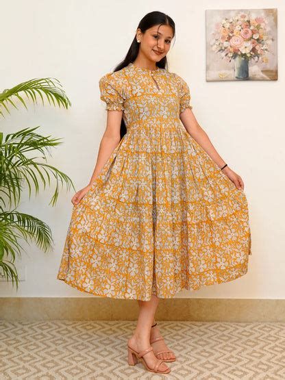 Golden Aura Bloom Block Printed COTTON Tiered Dress – BaSaKa