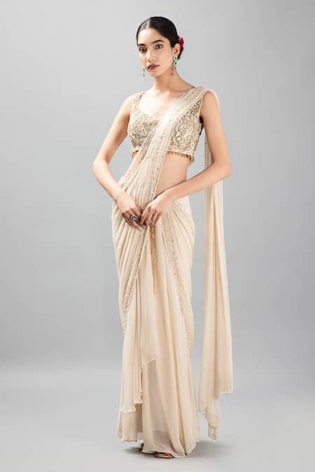 Buy Ivory Chiffon Silk Embroidered Rohana Pearl Scatter Pre-draped ...