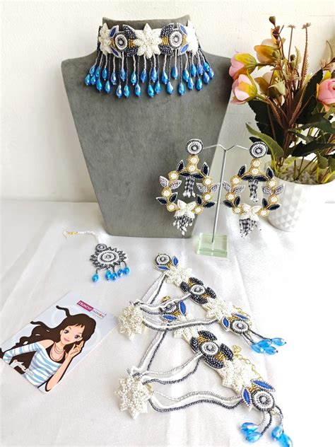 Blue-Grey Handmade Floral Jewellery Set for Haldi-Mehndi | Designer Haldi