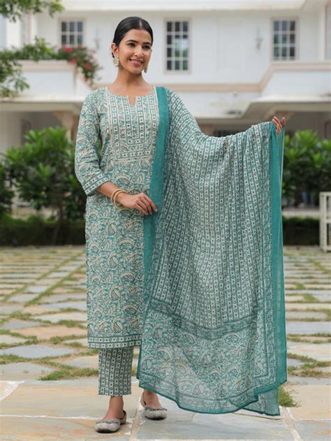 Buy Teal Paisley Straight Soft Cotton Kurta Set TP1056T | Aramya