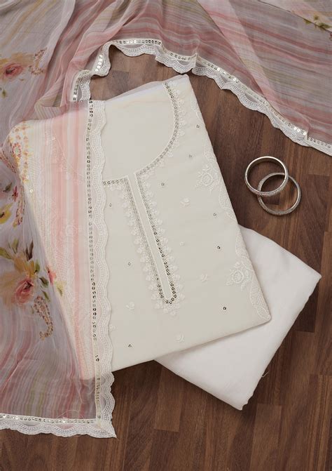 Buy Off White Threadwork Georgette Unstitched Salwar Suit - Koskii