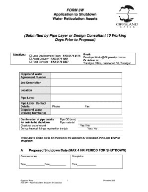 Fillable Online Form 3W Shut Down.rtf - Gippsland Water Fax Email Print ...