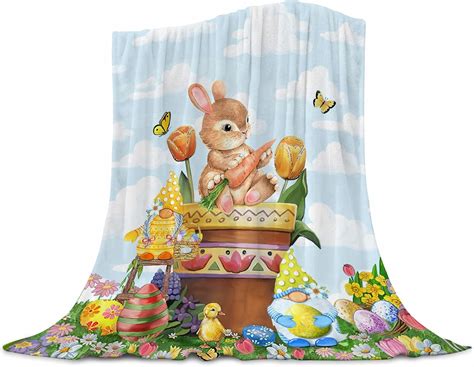 Amazon.com: Happy Easter Throw Blanket Easter Rabbit Bunny Easter Eggs ...