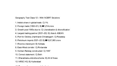 Geography Test Class 12: NCERT Solutions & Key Concepts - Studocu