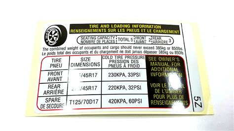 Subaru WRX Label Pressure 5Z. With Tire specifications - 28181FG590 | Subaru, Hayward CA