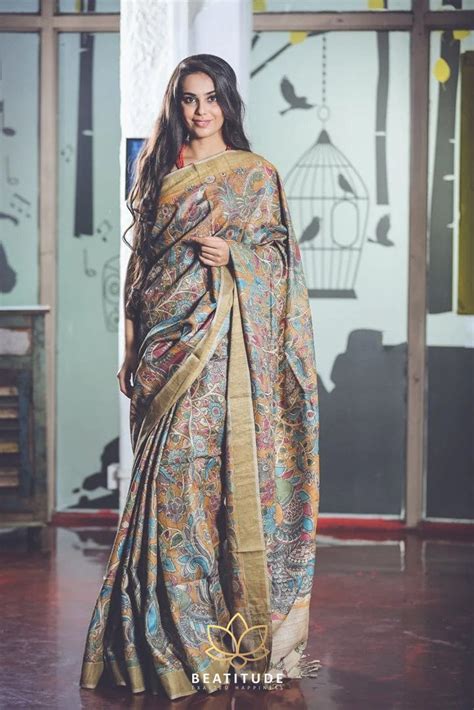 Multi-Color Handpainted Pen Kalamkari Tussar Silk Saree – Beatitude
