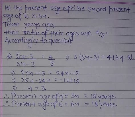 the present ages of a and b are in the ratio 5/6.three years ago their ...