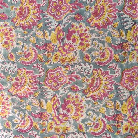 Pure Cotton Jaipuri Grey With Pink And Yellow Floral Jaal Hand Block P ...