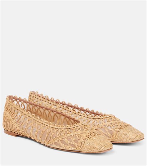 Kahlo raffia and mesh ballet flats in beige - Aquazzura | Mytheresa