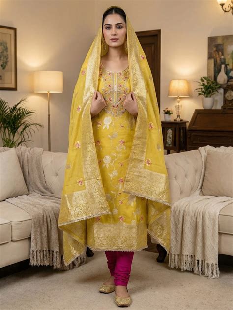 Graceful Yellow Floral Woven Banarasi Silk Dress Material Featuring In